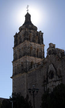 Alamos cathedral backlit by morning sun...Bill Bell Photograph