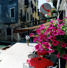 Bright flowers adorn sidewalk cafe in Venice More Italy Photography -  Venice, Florence, Rome,  Ancient Roman towns ...photography by Bill Bell